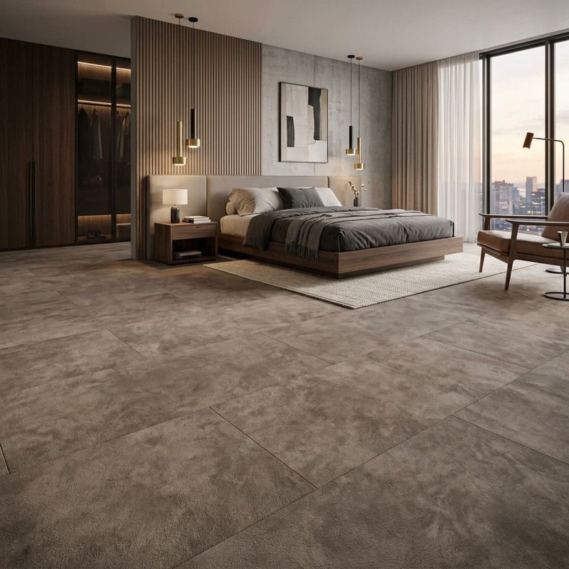 Schlafzimmer mit Nubuklederboden und Schallschutzpaneelen in Nubukleder als Trenner für Ankleide