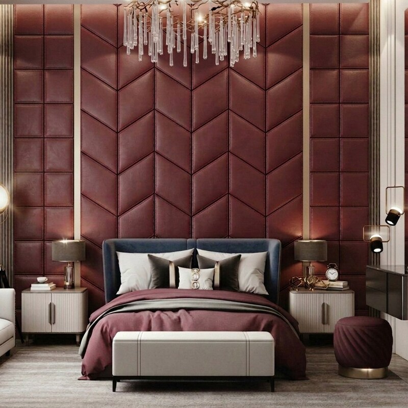 Schlafzimmer mit handgefertigten Lederpaneelen